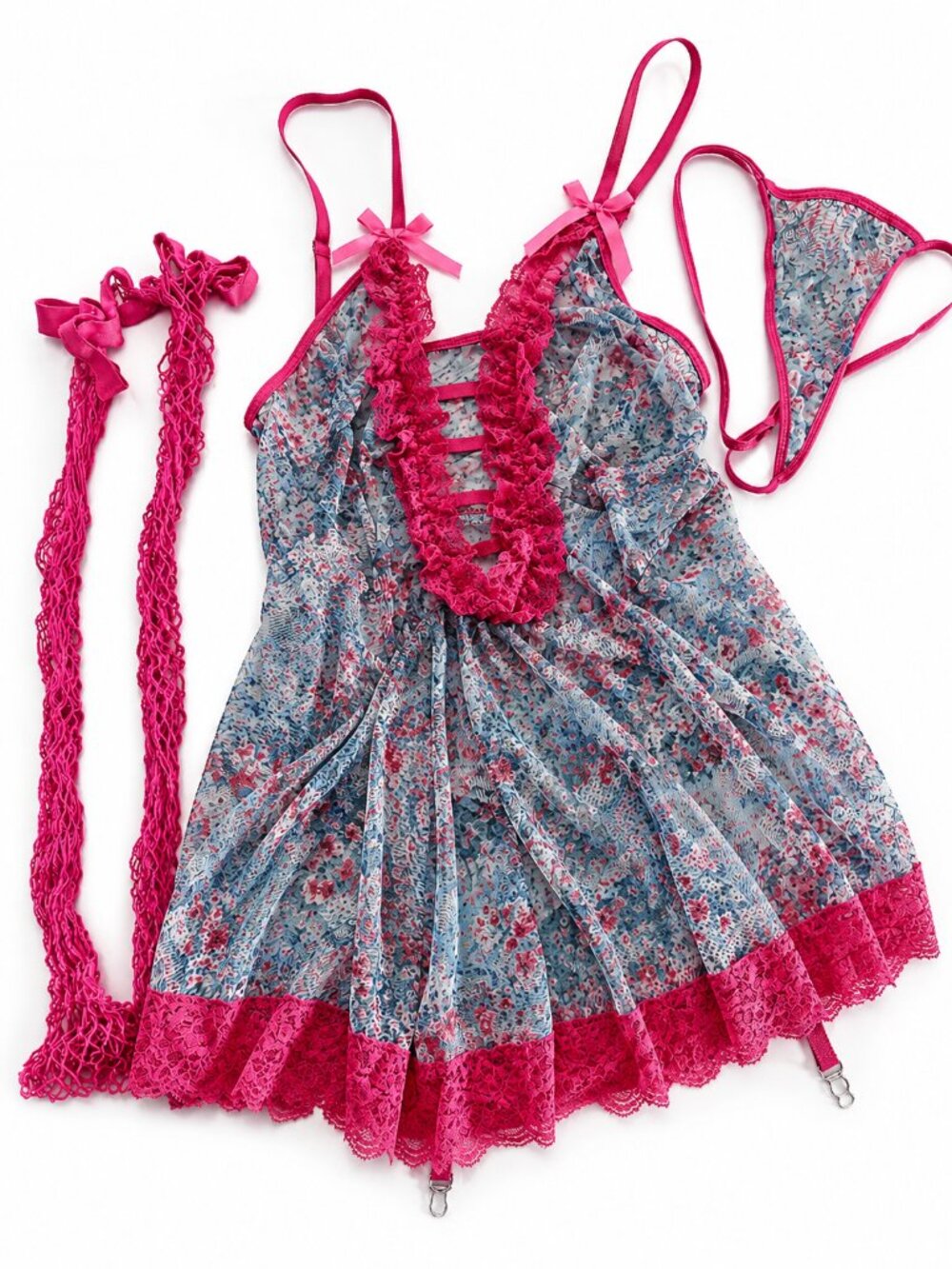 4pcs Romantic Floral Lace Trim Sexy Sleepwear Set (Nightgown + Thong + Stockings
